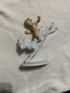 Wallendorf 1950’s Vintage Porcelain Cherub Riding Goat Figurine w/ Gold Accents